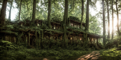 Nature is taking back from us the last remnants of a human settlement in the forests. With plants and trees overgrown ruins in the woods. Generative AI