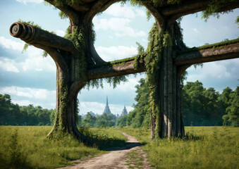 Fototapeta premium Nature is taking back from us the last remnants of a human settlement. With plants overgrown ruins building a gate on a path. Generative AI 
