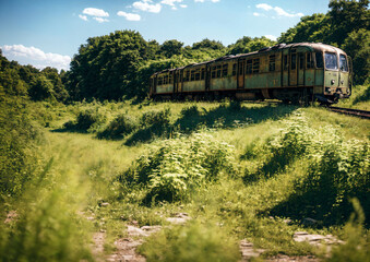 The rusty wreck of a train stands abandoned in the middle of nowhere in the nature. Generative AI