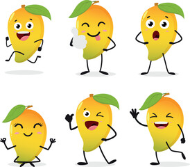 Set of Cute Mango cartoon, exotic fruit character isolated on white	