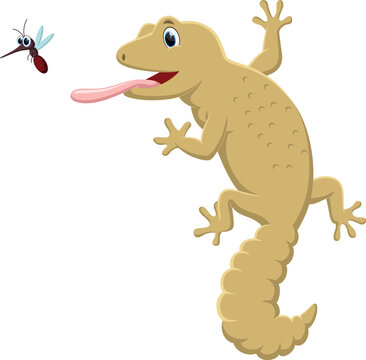 Cartoon gecko hunt mosquito isolated on white