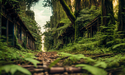Nature is taking back from us the last remnants of a human settlement in the forests. With plants overgrown ruins in the woods on a forest path. Post-apocalyptic scenery created with Generative AI. - obrazy, fototapety, plakaty