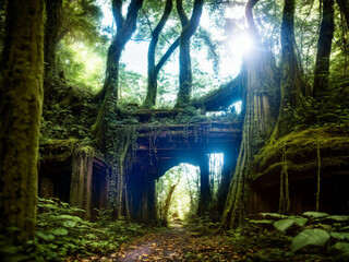 Nature is taking back from us the last remnants of a human settlement in the forests. With plants overgrown ruins in the woods building a gate on a forest path. Generative AI - obrazy, fototapety, plakaty