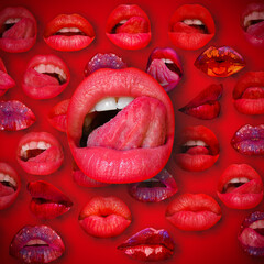 Sexy tongue licking sensual lips. Lips and mouth. Female lip in red background. Woman lips.