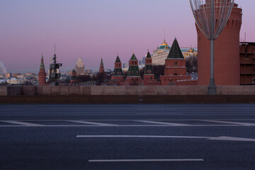Ministry of Foreign Affairs and the towers of the Moscow Kremlin at dawn. Postcard view. Frosty winter morning. Architecture and sights of Moscow.