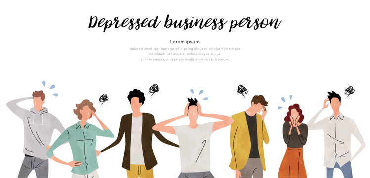 ベクターイラスト素材：思い悩む、困る人々、人物セット