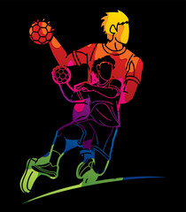 Handball Sport Male Players Mix Action Cartoon Graphic Vector