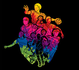 Fototapeta na wymiar Handball Sport Male Players Mix Action Cartoon Graphic Vector