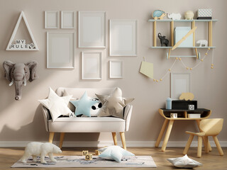 Gallery Wall Frame Mockup, Frame Mockup in cozy kids room interior, 3d render