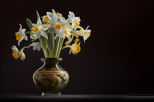 a bunch of daffodils, Narcissus pseudonarcissus, in ceramic vase, generative AI.