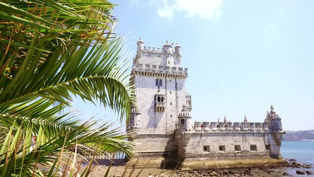 Belem Tower, Torre de Belem fort, historic landmark in Lisbon. Summer travel in Portugal, famous tourism destination in Europe.