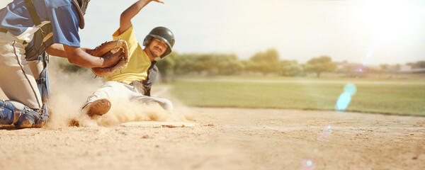 Banner, running and man playing baseball for fitness, training and competition in a park in USA....