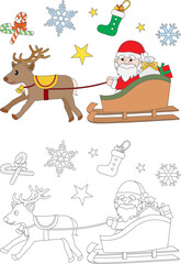 クリスマスのサンタとトナカイの塗り絵