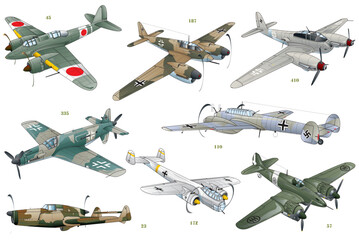 8 types of WW2 twin engine propeller fighter illustration from Germany, Japan, Italy air force. (vector. eps. png. jpeg)	