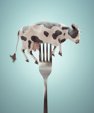 Cow on a fork. Diet and weight loss concept.