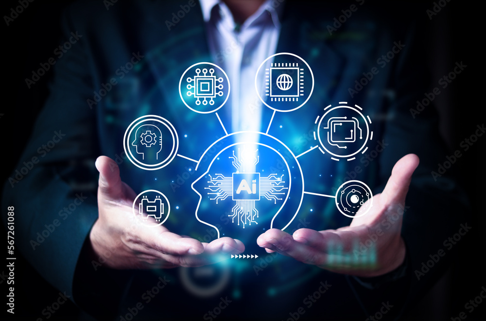 Aufkleber businessman holding the working of artificial intelligence (ai) in the futuristic business and codin