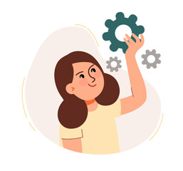 The woman holds the gear and adjusts the processes. The concept of a business idea, startup, organization, brainstorming. Vector illustration isolated on a white background