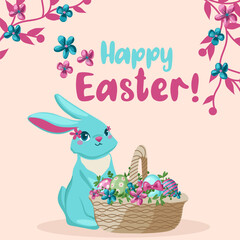 Happy Easter banner, poster, greeting card. Trendy Easter design with typography, bunnies, flowers, eggs.