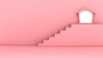 The stairway to the goal is a small house in pink background. 3d rendering