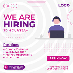 We are hiring, job position, promote, finding, recruiting, join our team, apply now, social media post design template vector,  - obrazy, fototapety, plakaty