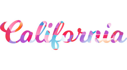 An isolated illustration of colorful lettering  of California. California Colorful name of USA state. Tourism related items.