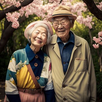 Happy Chinese Elderly Couple At Park, In Spring Time. Generative AI Illustration.