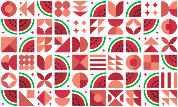 Fototapeta Modern pattern of red watermelon cut elements and simple geometric shapes. Minimalist abstract horizontal fruits poster, for decoration, banner, flyer design, cover, food or drink packaging print.