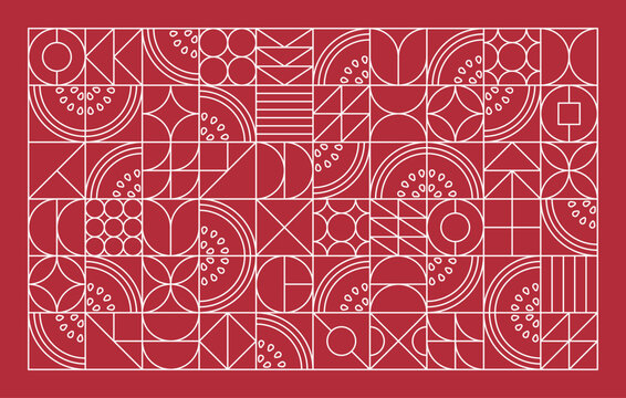 Naklejki Abstract line art with watermelon fruit elements and various geometric shapes. Simple pattern of triangles, squares, circles. For backgrounds, posters, covers, prints for food or beverage packaging.