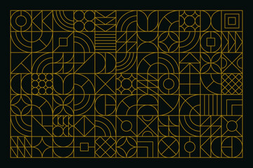Vector geometric gold line art design on luxury black background. Futuristic or technology style abstract frame pattern. Creative design combination of simple shapes of triangle, square and circle.