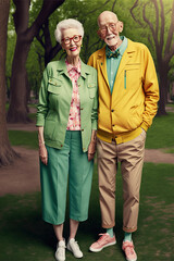 Seniors caucasian couple enjoying time together at park. Generative AI illustration.