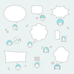 シンプルな線画のアイコンセット。ポジティブな感情の人のイラストとフキダシの組み合わせ。