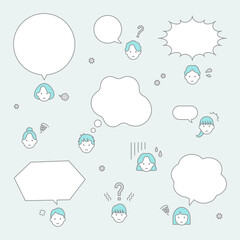 シンプルな線画のアイコンセット。悩みなどネガティブな感情の人のイラストとフキダシの組み合わせ。