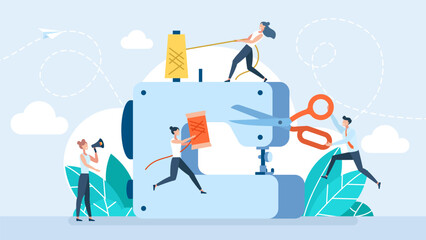 Tiny women and man with sewing machine. Cloth, threads, scissors. Seamstress, sewing workshop or courses, tailoring, needlework, handicraft concept. Fashion and tailoring concept. Vector illustration