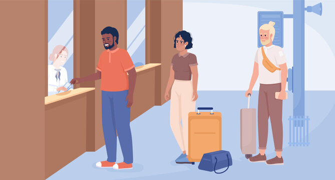 Buying flight tickets flat color vector illustration. Travelers with suitcases and belongings waiting in queue. Fully editable 2D simple cartoon characters with airport terminal interior on background
