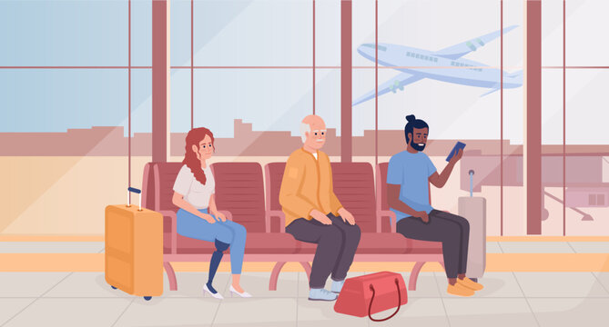 Waiting for plane departure and arrival flat color vector illustration. Passengers sitting in chairs. Fully editable 2D simple cartoon characters with airport terminal interior on background