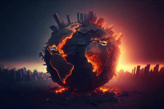 An earth globe map is on fire. Map. Pollution. Environmental. Crisis. Climate Change. Destruction. Disaster. Global Warming. Hazard. Burning. Ecological. Danger. Risk