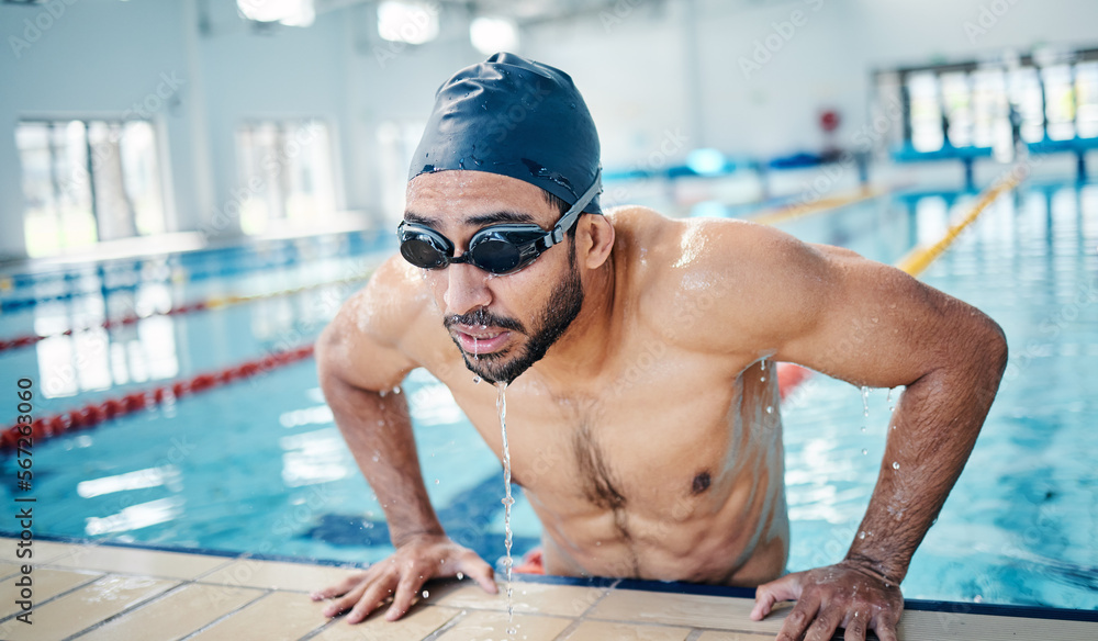 Sticker Athletic, breathing and man swimming for fitness, training and race in a stadium pool. Tired, sports and face of an athlete swimmer doing cardio in the water for a workout, sport and competition