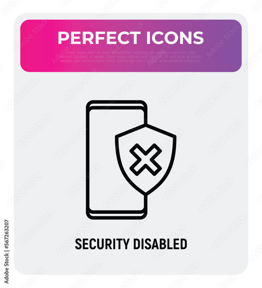 Aufkleber security disabled thin line icon. smartphone with shield with cross mark. vector illustration.