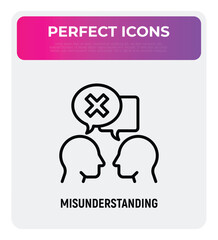 Fototapeta premium Misunderstanding in conversation between two persons. People are talking and in one speech bubble is cross mark. Conflict, disagreement. Modern vector illustration.