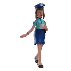   3D illustration. Adorable 3D Cartoon Police Woman character illustration with sweet pose. holding a cup in hand. showing a beautiful smile. 3D Cartoon Character