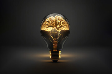 Human brain cerebral inside the electric light bulb on back background. Generative AI.