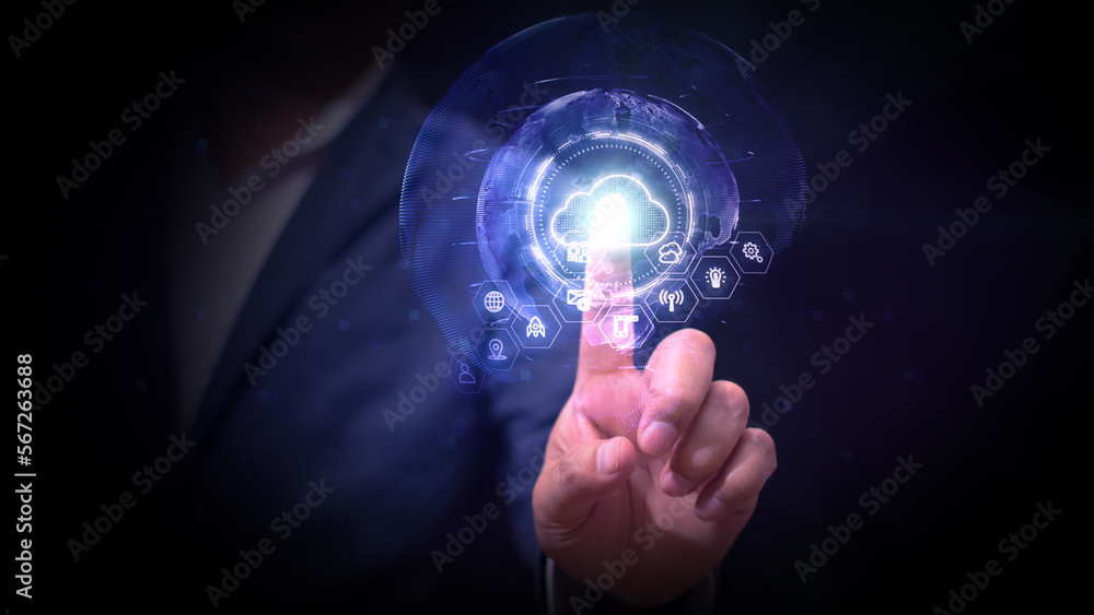 Aufkleber businessman touching infographic cloud computing, cyber security, digital data protection, future te