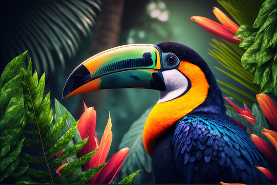 Immerse yourself in the colorful world of toucans, palm trees, and exotic flowers in the thriving tropical rainforest. Generative AI. Beautiful picture of Toucan birds.