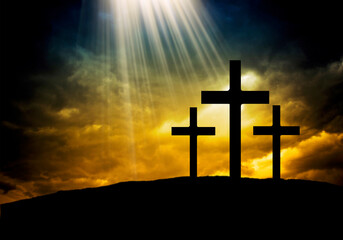 three crosses on a hill, crucifixion of Christ Easter concept