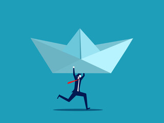 Businessman lifting a paper boat. Support business organizations. Business and investment concept. vector illustration eps