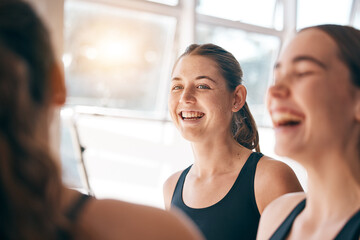 Happy, smile and girl with team for sports, training and exercise in morning for water polo. Fitness, teamwork and group of female athletes talking, laughing and in conversation together at practice