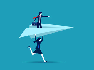 Businesswoman leader holding a paper airplane. Encourage business organizations to succeed. Business and investment concept. vector illustration eps