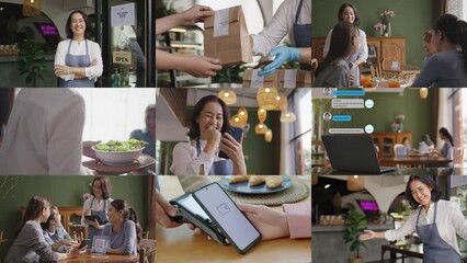 Mosaic multiple screen of mature middle age adult asia woman work at cafes coffee shop SME owner. Smile happy pride people, serving food drink order, loan chatbot, open store greeting, smart POS pay.