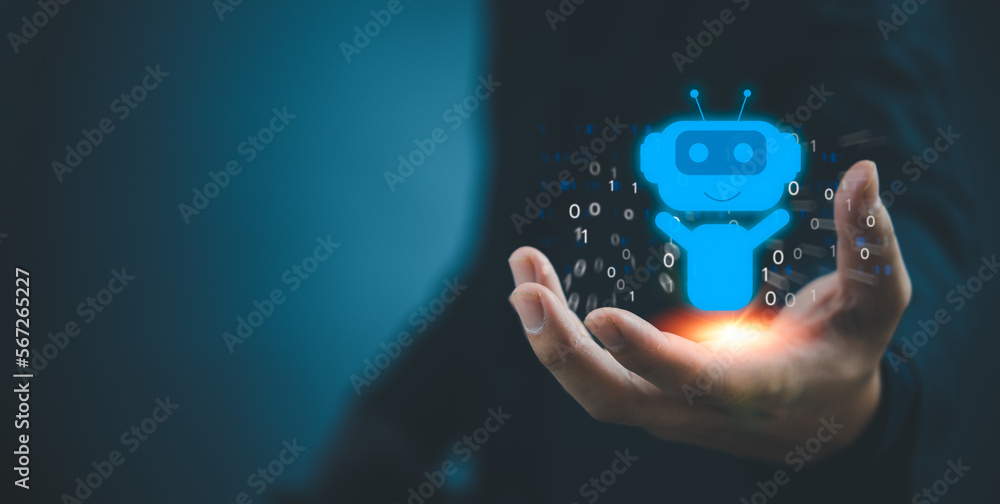 Poster businessman holding a light chatbot hologram intelligence ai. digital chatbot, chatgpt, robot applic