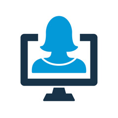 Online Education Silhouette Icon. Distant Education, E-learning, Online Webinar and Consultation. Online Training Icon. Teacher and Laptop pictogram. Vector Isolated Illustration